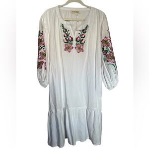 Ukrainian Embroidered Linen Dress Vyshyvanka White Floral XS Handmade
